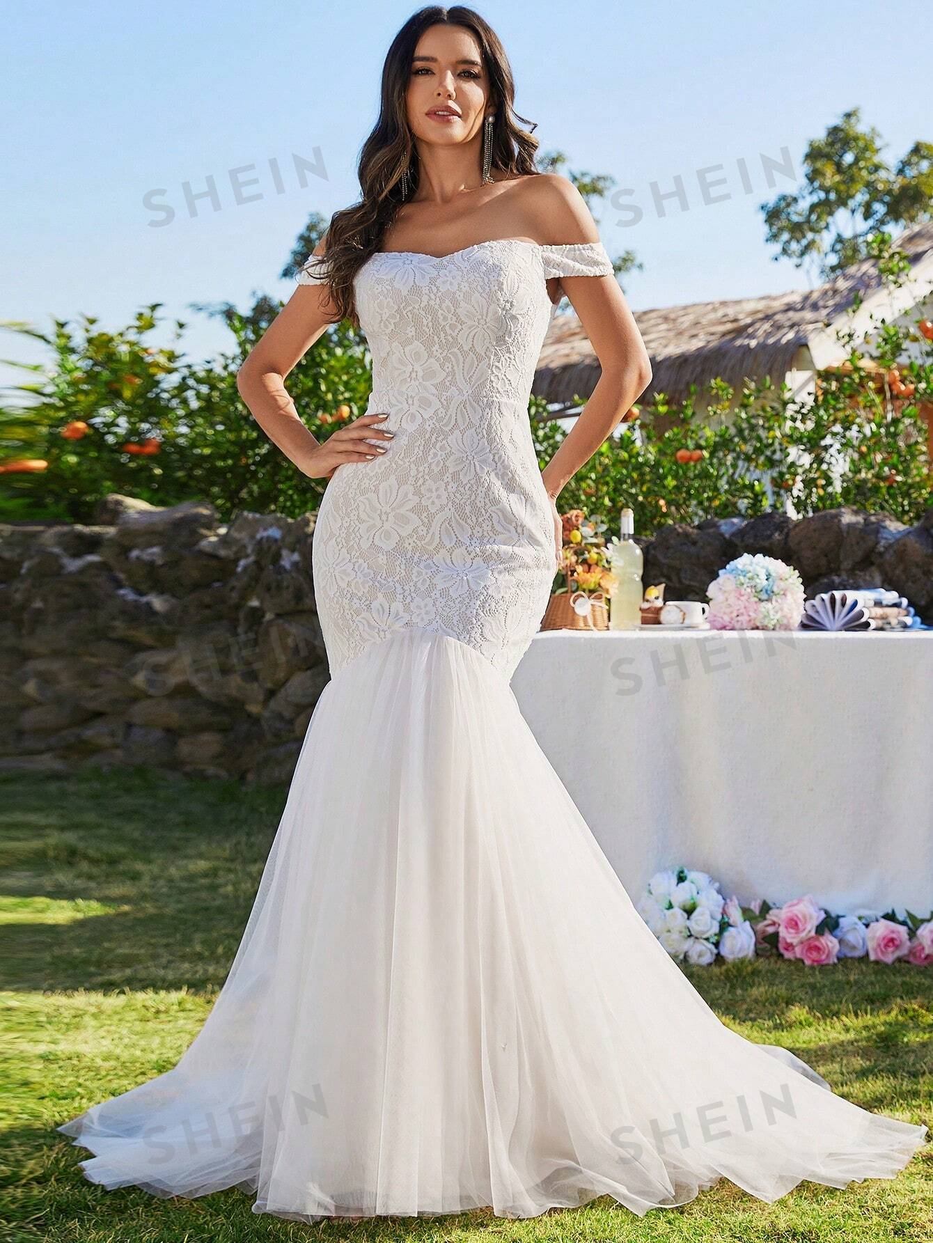цена EVER-PRETTY Свадебное платье русалки с открытыми плечами и вышивкой из кружева, белый