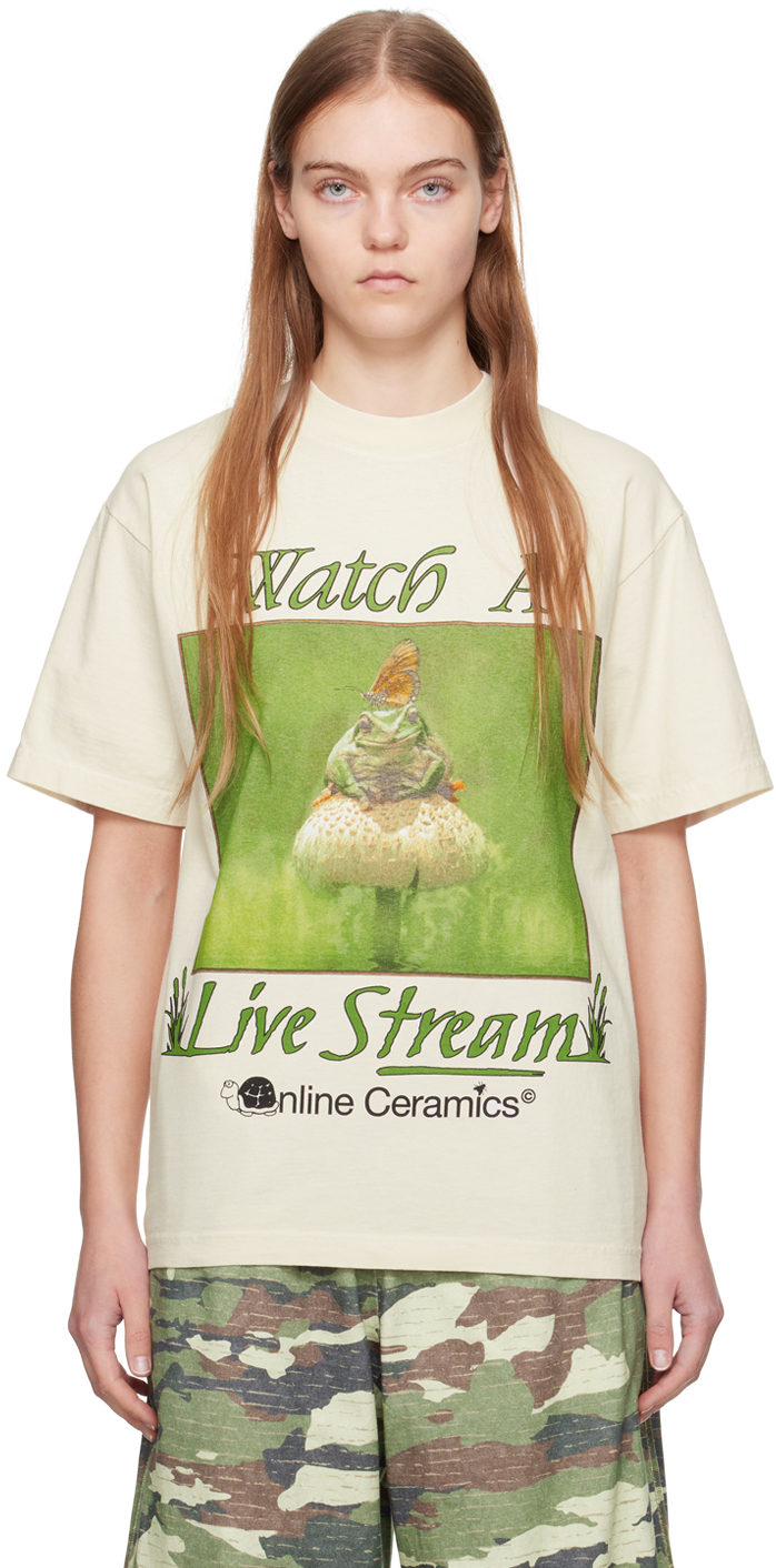 Бежевая футболка с надписью «Смотрите прямую трансляцию» Online Ceramics