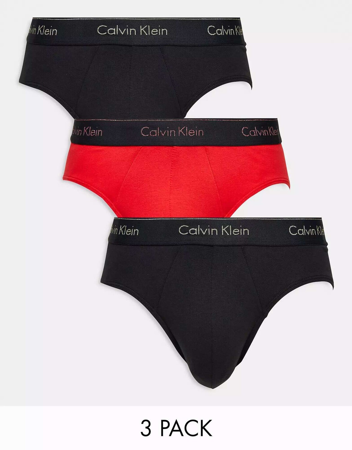

Три пары трусов Calvin Klein с цветным логотипом на поясе красного и черного цветов