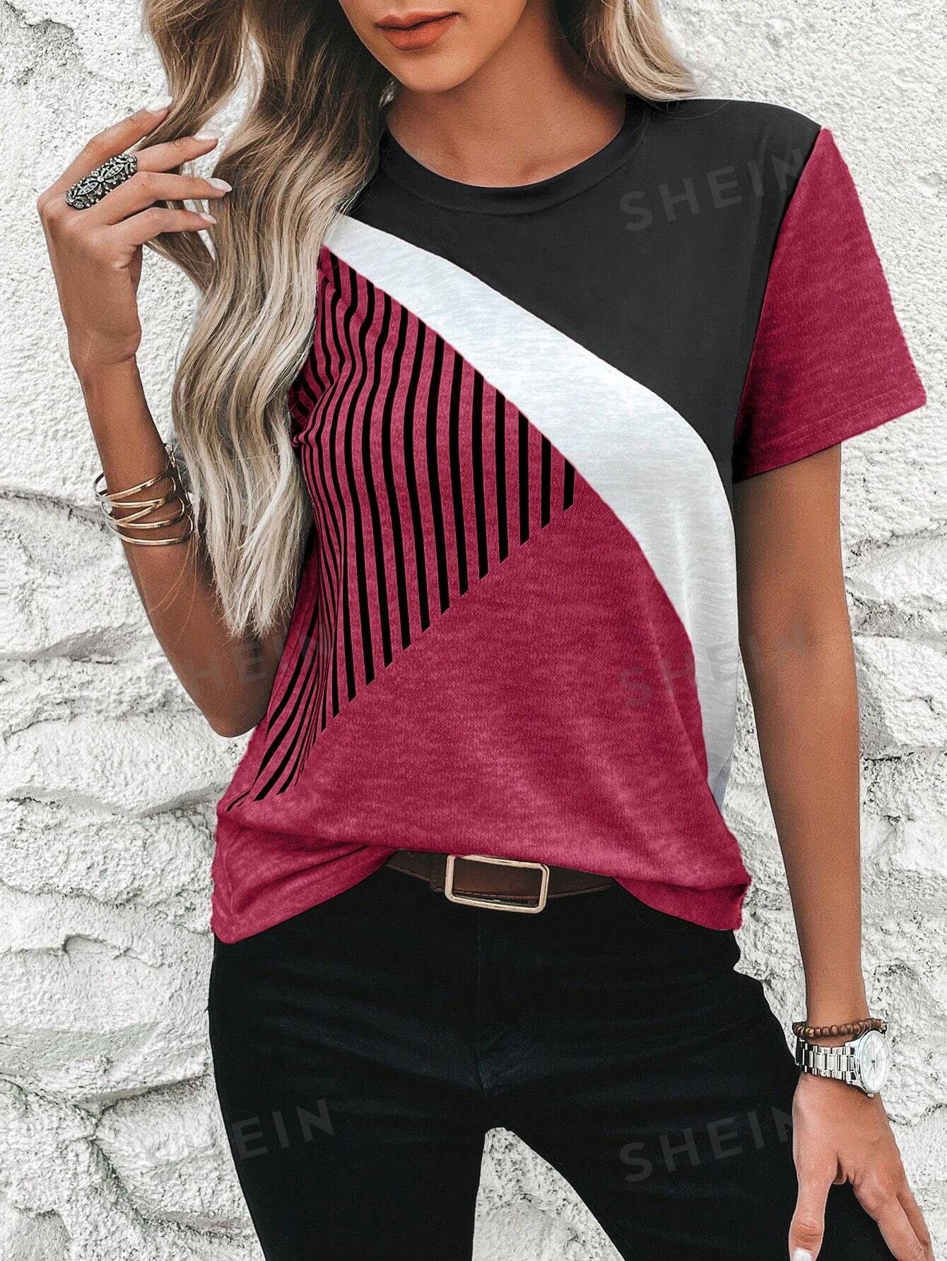 SHEIN Clasi Полосатая футболка с короткими рукавами и круглым вырезом с цветными блоками, редвуд