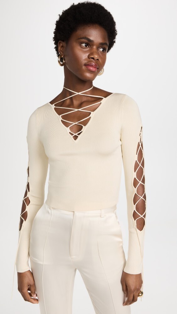 

Топ LAPOINTE Shiny Viscose Longsleeve Lace Up, кремовый