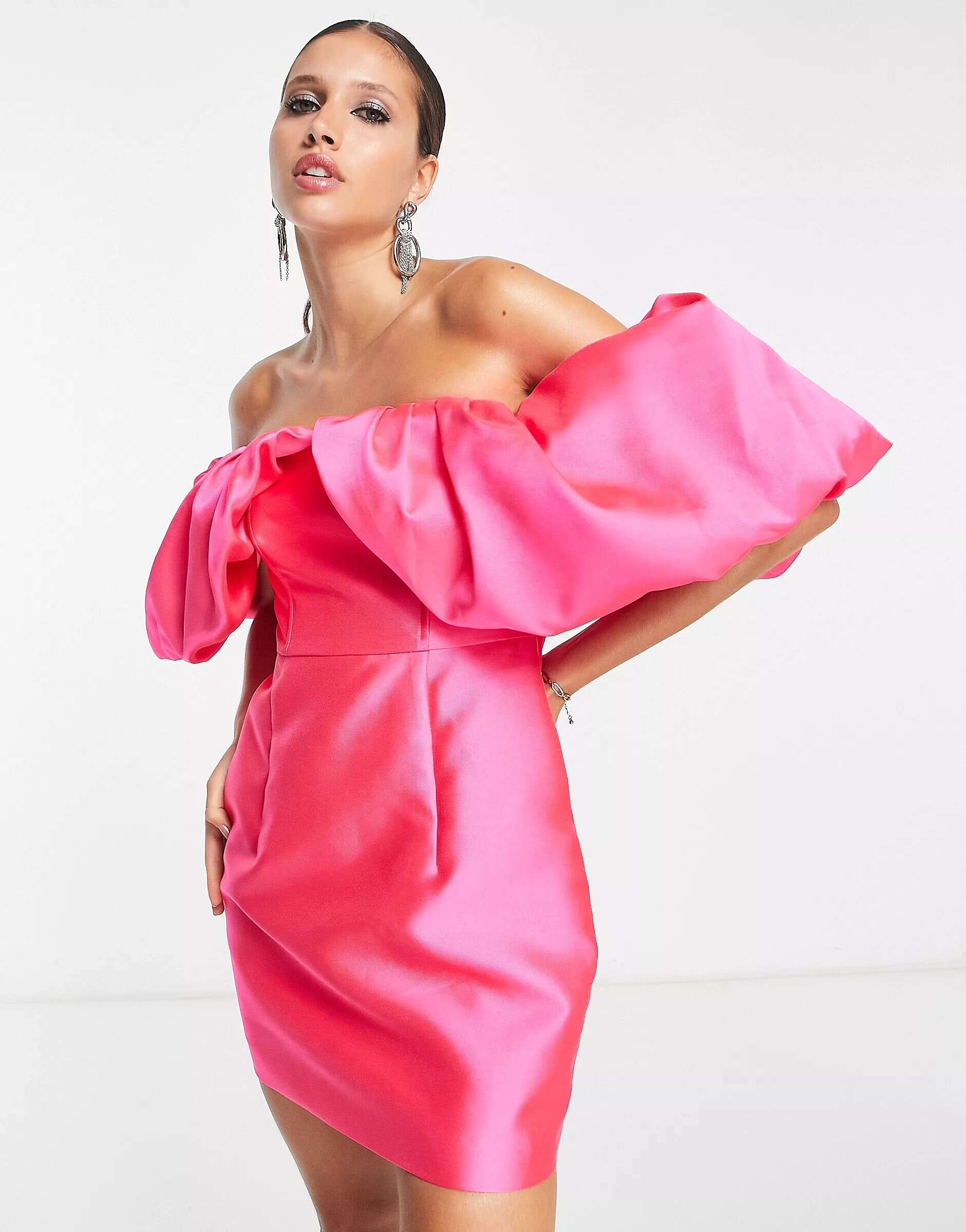 Ярко-розовое атласное мини-платье с объемными рукавами ASOS