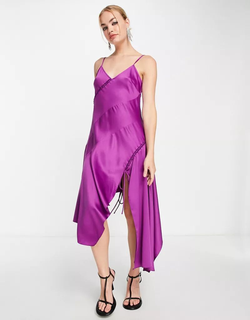Фиолетовое атласное платье миди Topshop со шнуровкой цена и фото