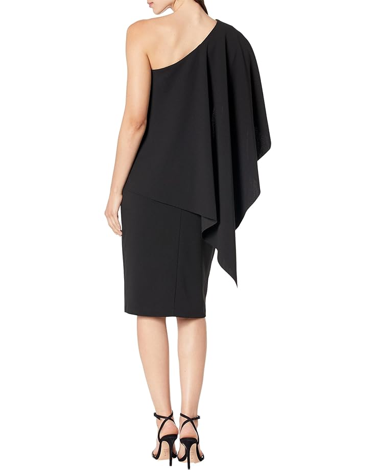 Платье XSCAPE Midi Scuba Crepe One Shoulder Cape, черный цена и фото