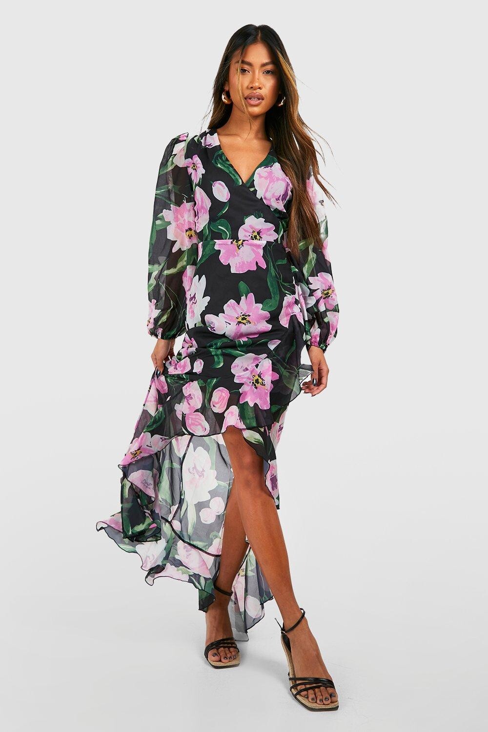 

Платье макси с цветочным шифоном и брюками Boohoo, черный