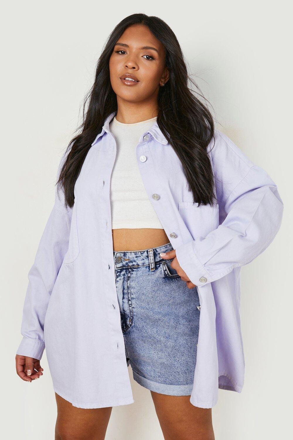 

Джинсовая рубашка plus color pop Boohoo, сиреневый