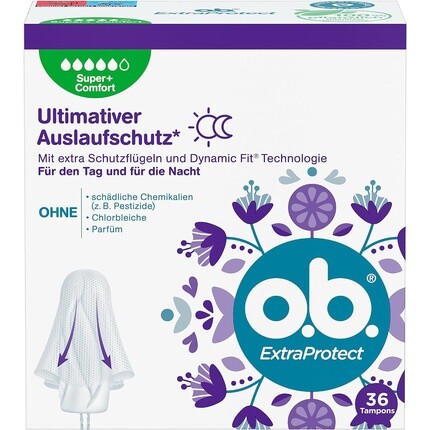 

Тампоны ob ExtraProtect Super+ Comfort с технологией DynamicFit и дополнительными защитными крыльями, 36 шт. O.B
