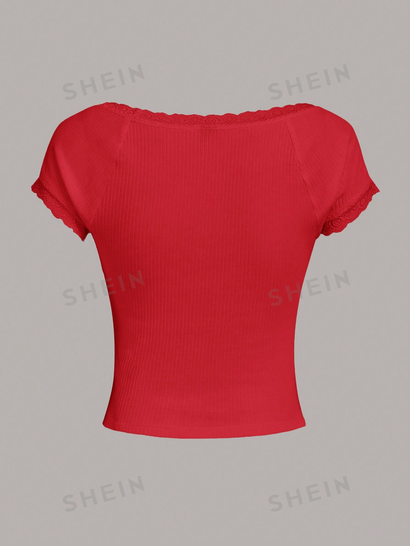 цена SHEIN Qutie Женская трикотажная футболка с короткими рукавами и кружевным краем, красный