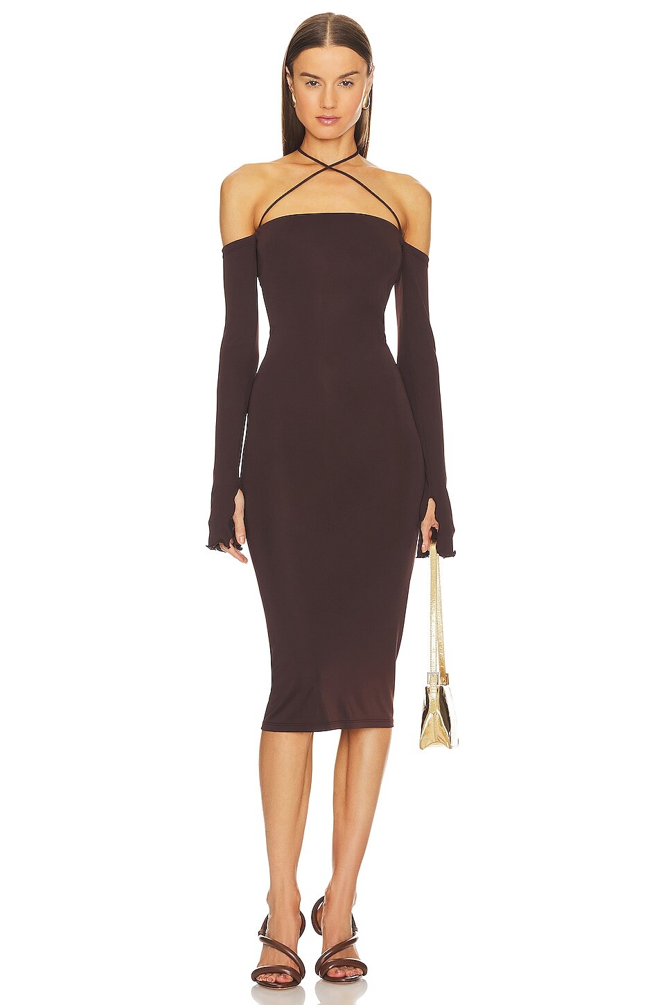 

Платье миди The Andamane Maddy Off Shoulder Lace Up, цвет Dark Brown