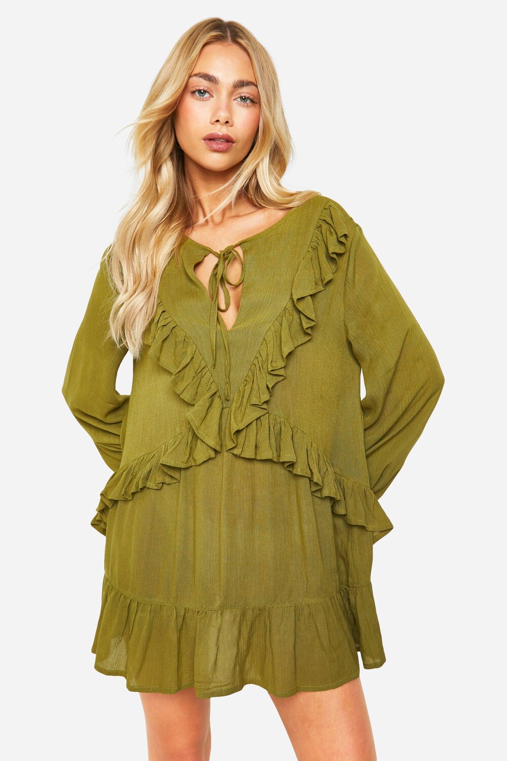 

Мини-платье из марли с рюшами boohoo, хаки