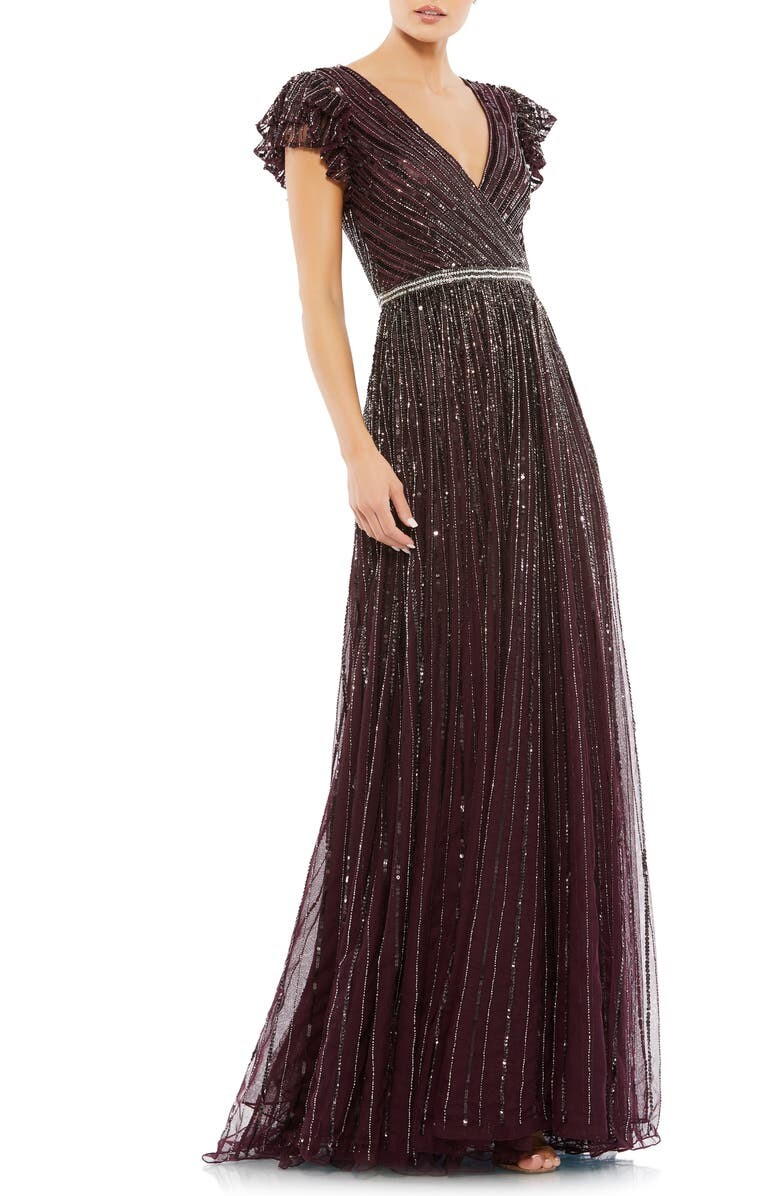 

Платье трапециевидной формы из тюля с короткими рукавами и бусинами MAC DUGGAL