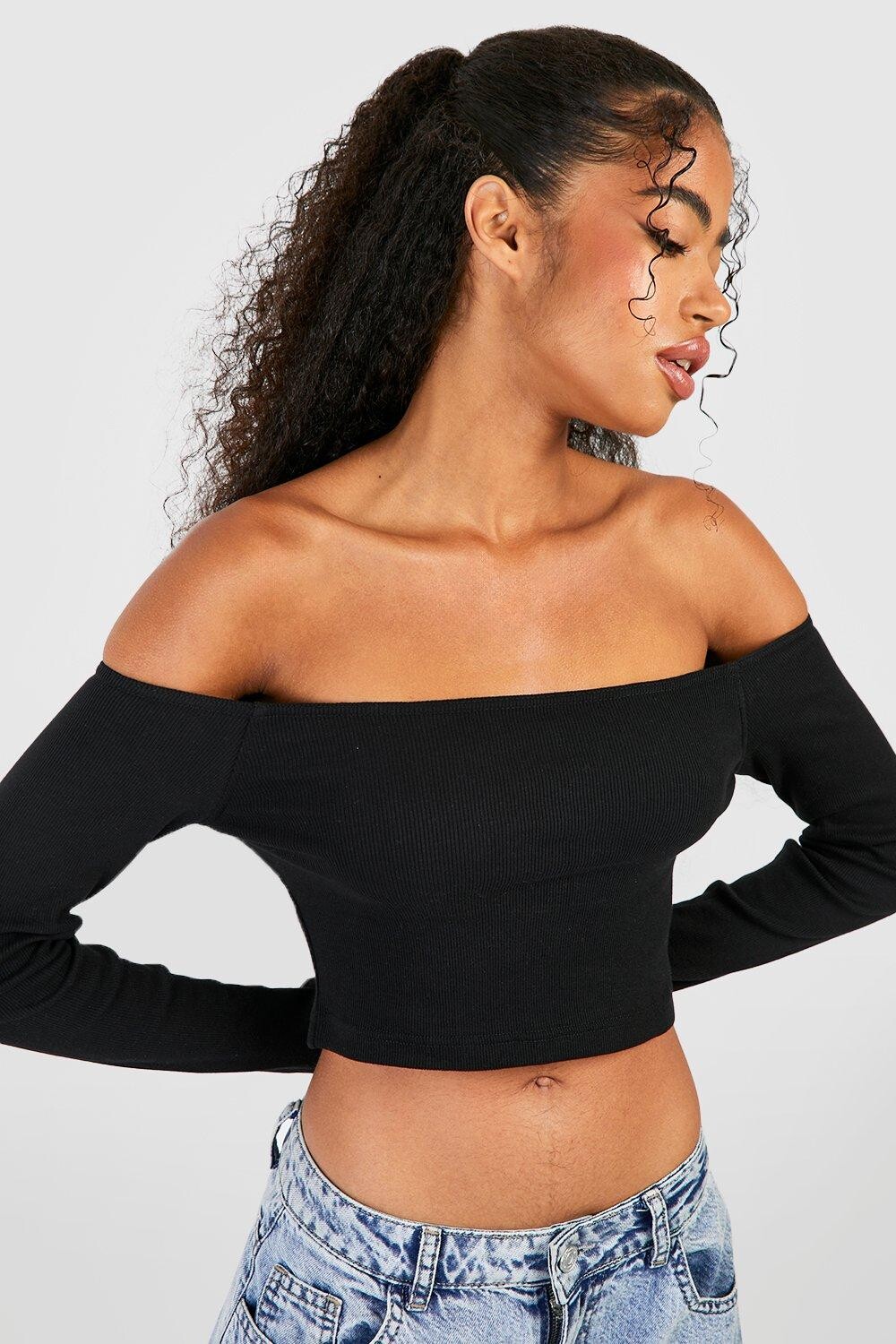 

Базовый укороченный топ с отключенными плечами Boohoo, черный