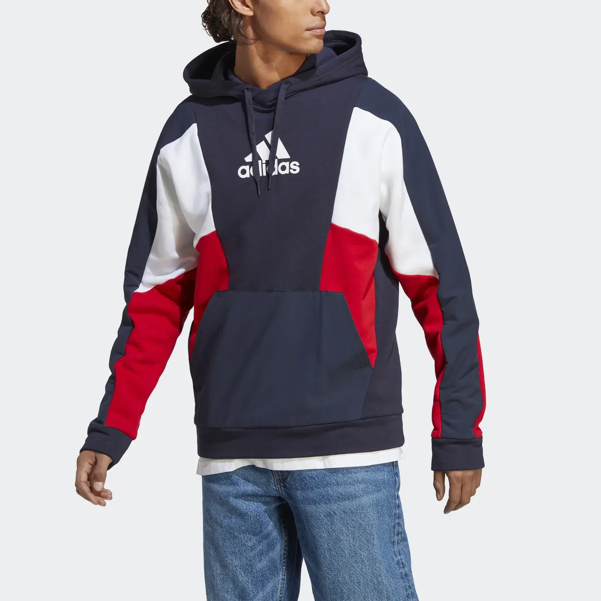 

Толстовка Adidas Sportswear с капюшоном "ESSENTIALS COLORBLOCK HOODIE", цвет Legend Ink / Better Scarlet