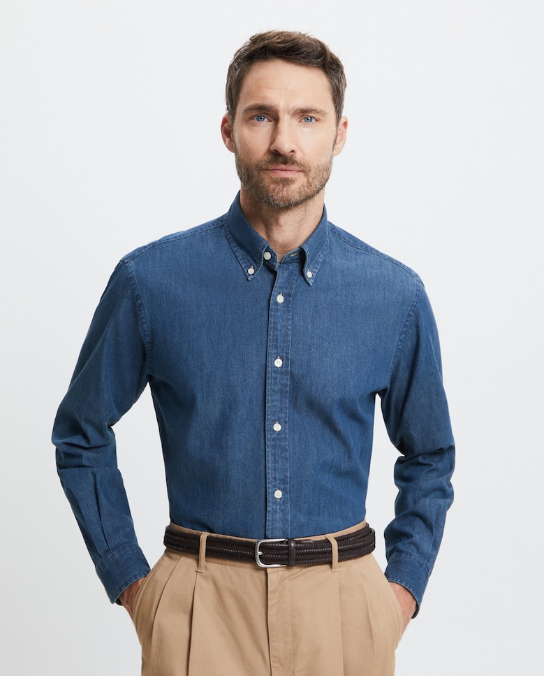 Мужская джинсовая спортивная рубашка с длинными рукавами Emidio Tucci, темно-синий цена и фото
