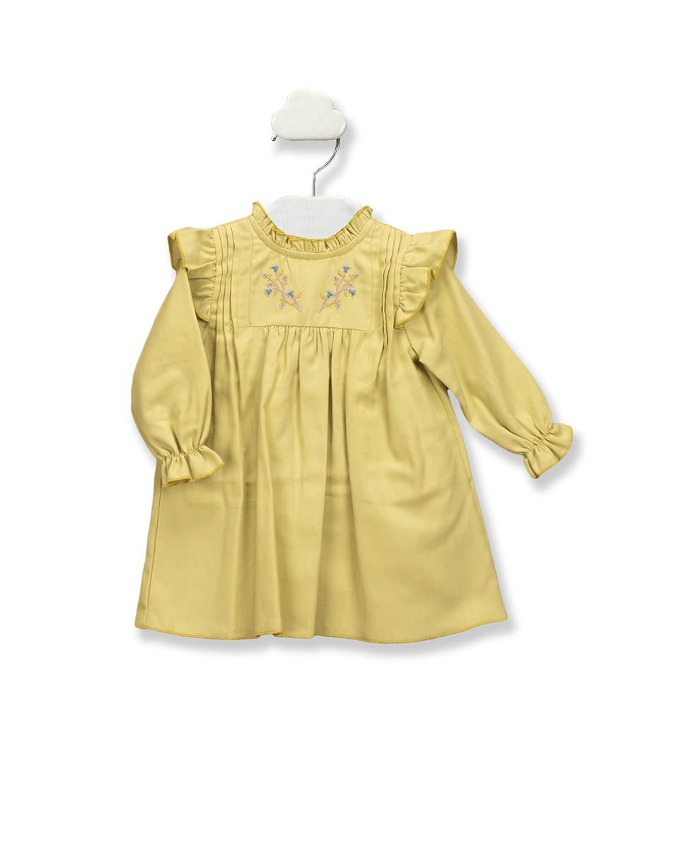 Платье для девочки из 100% хлопка с вышитой кокеткой BABIDÚ, желтый платье длинное из хлопчатобумажной газовой ткани с длинными рукавами 44 бежевый