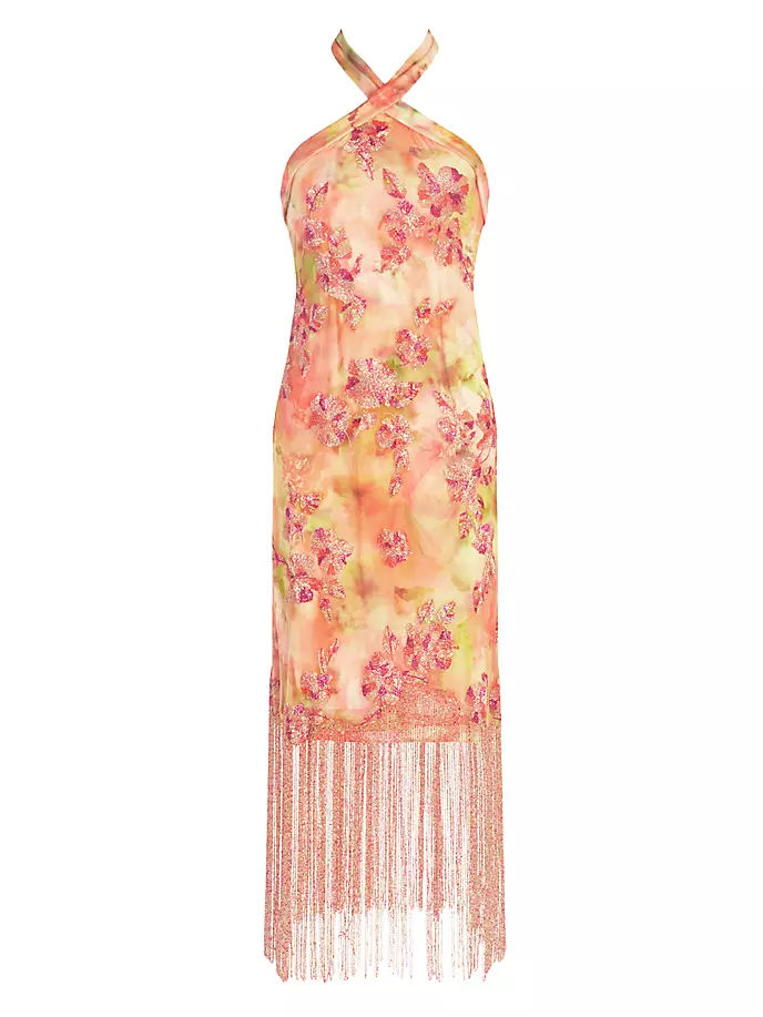 

Платье Brigitte с цветочным принтом и бахромой из бисера Theia, цвет pink imprinted blooms