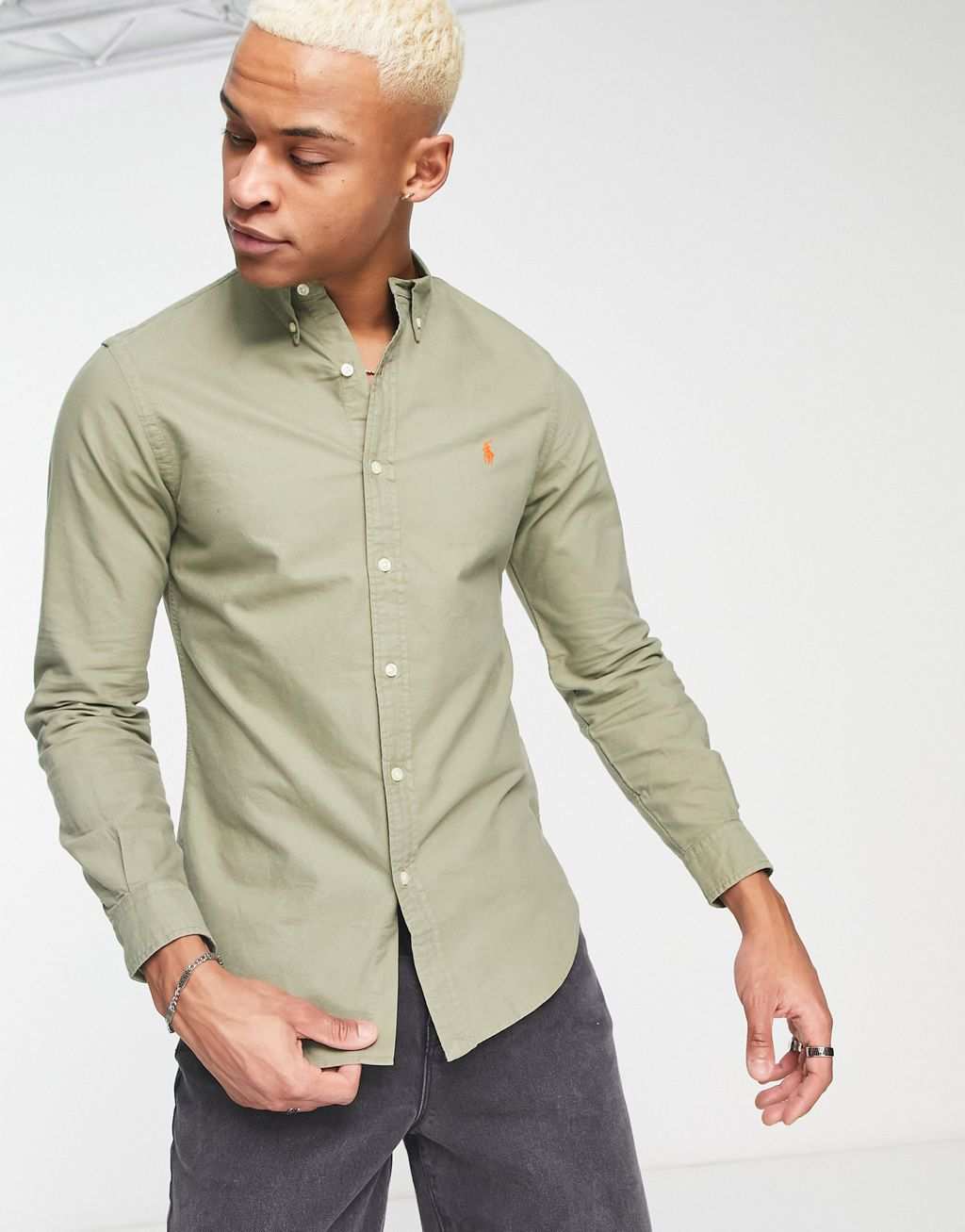 Темно-зеленая узкая оксфордская рубашка на пуговицах, окрашенная в одежду, с логотипом Polo Ralph Lauren