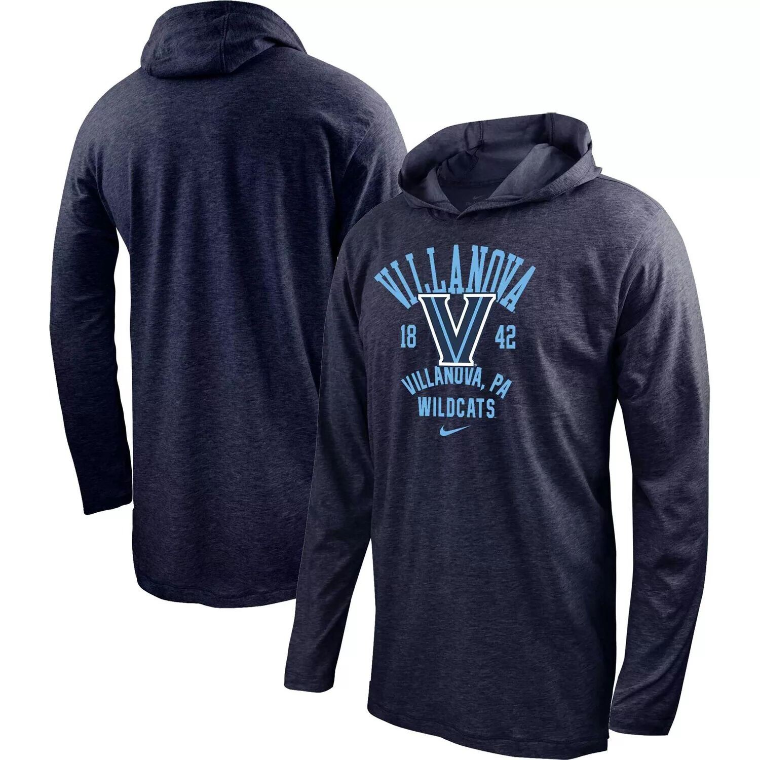 

Мужская темно-синяя футболка с капюшоном и длинными рукавами Nike Villanova Wildcats Performance, Синий
