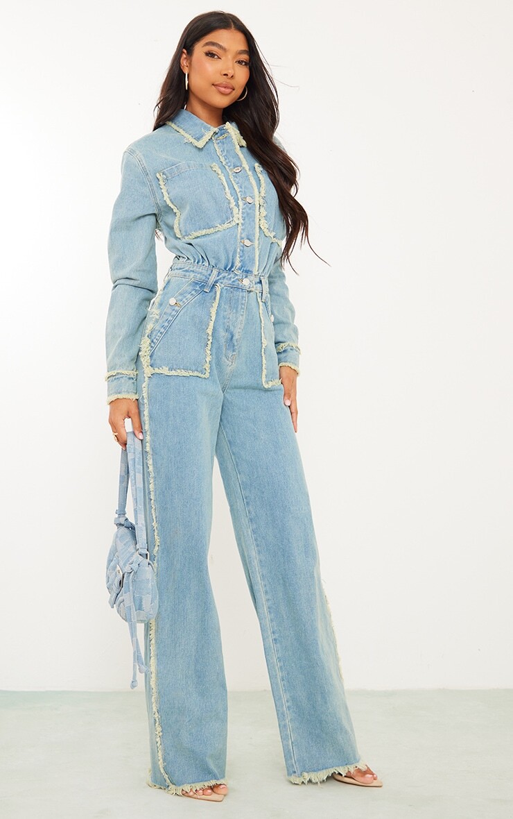 

PrettyLittleThing Высокий голубой джинсовый комбинезон с потертыми швами и широкими штанинами
