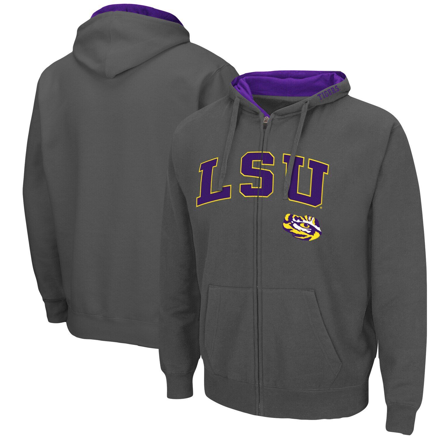 

Мужская темно-серая толстовка с молнией во всю длину LSU Tigers Arch & Logo 3.0 Colosseum, Серый