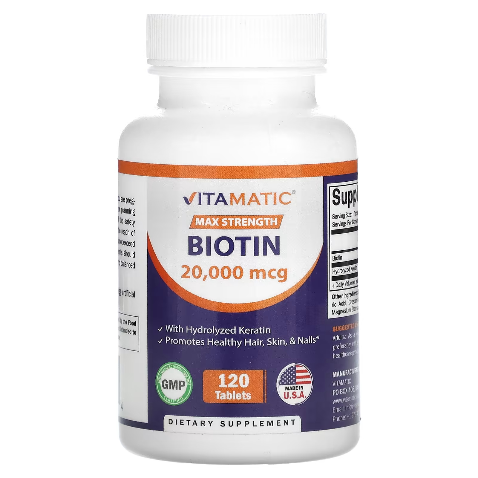 Пищевая добавка Vitamatic Biotin Max Strength 20 000 мкг, 120 таблеток vitamatic биотин максимальная эффективность 20 000 мкг 120 таблеток