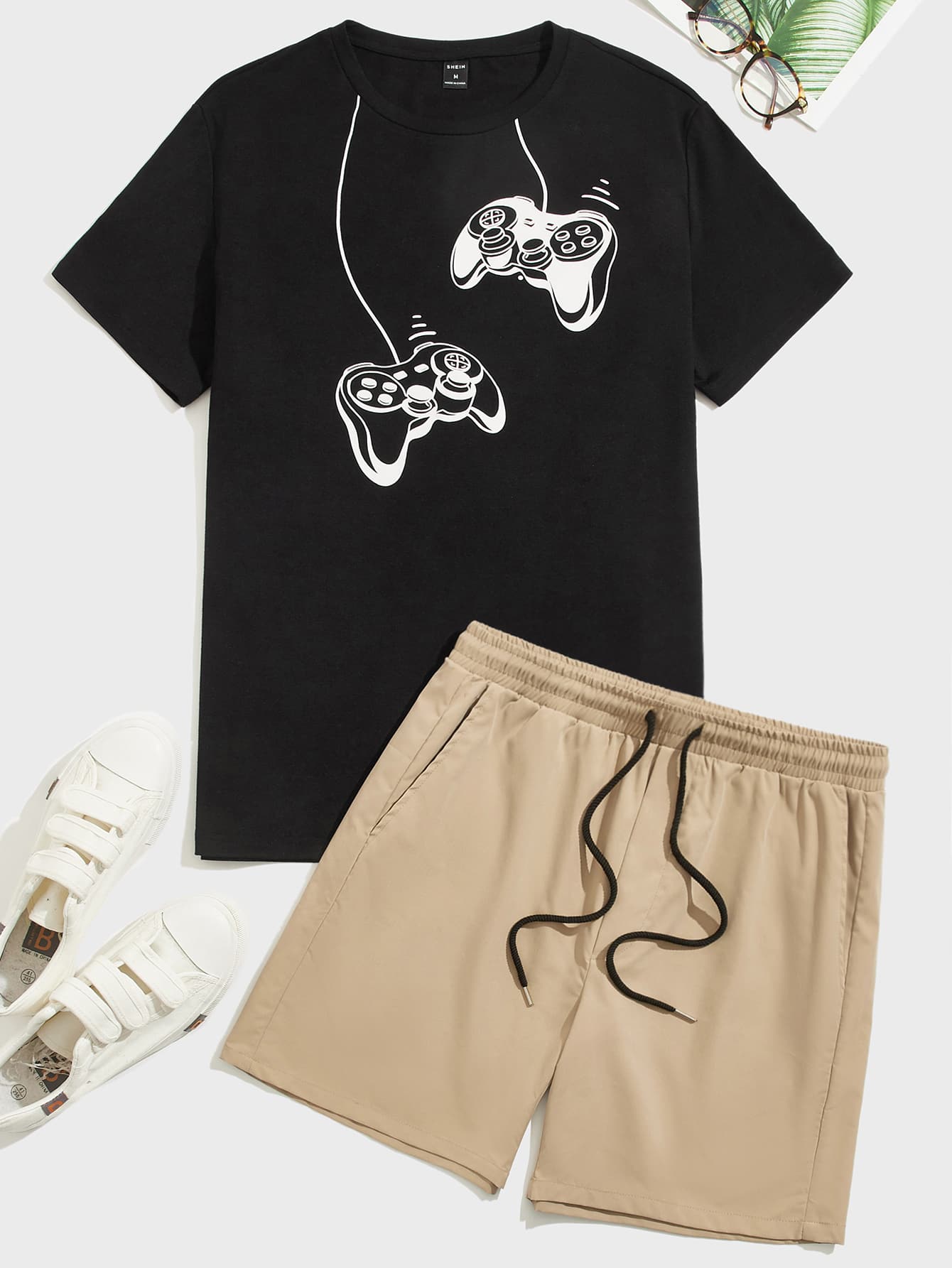 SHEIN Мужская футболка с короткими рукавами и шорты с контроллером для видеоигр, хаки