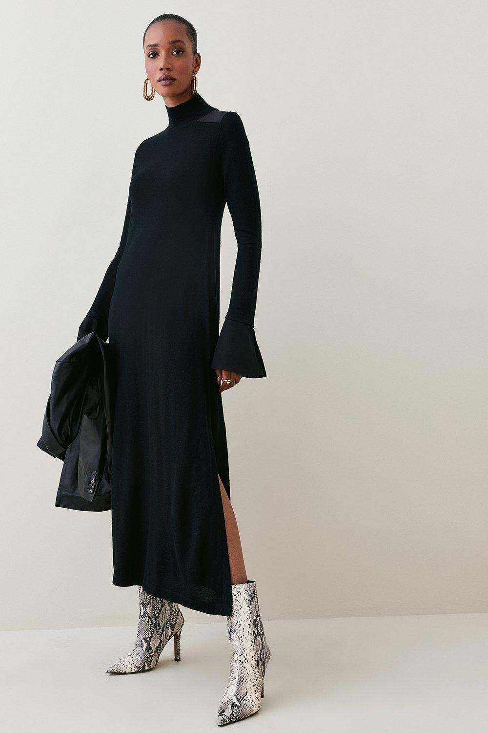Трикотажное платье макси из мериносовой шерсти и шелковых манжет Karen Millen, черный фото