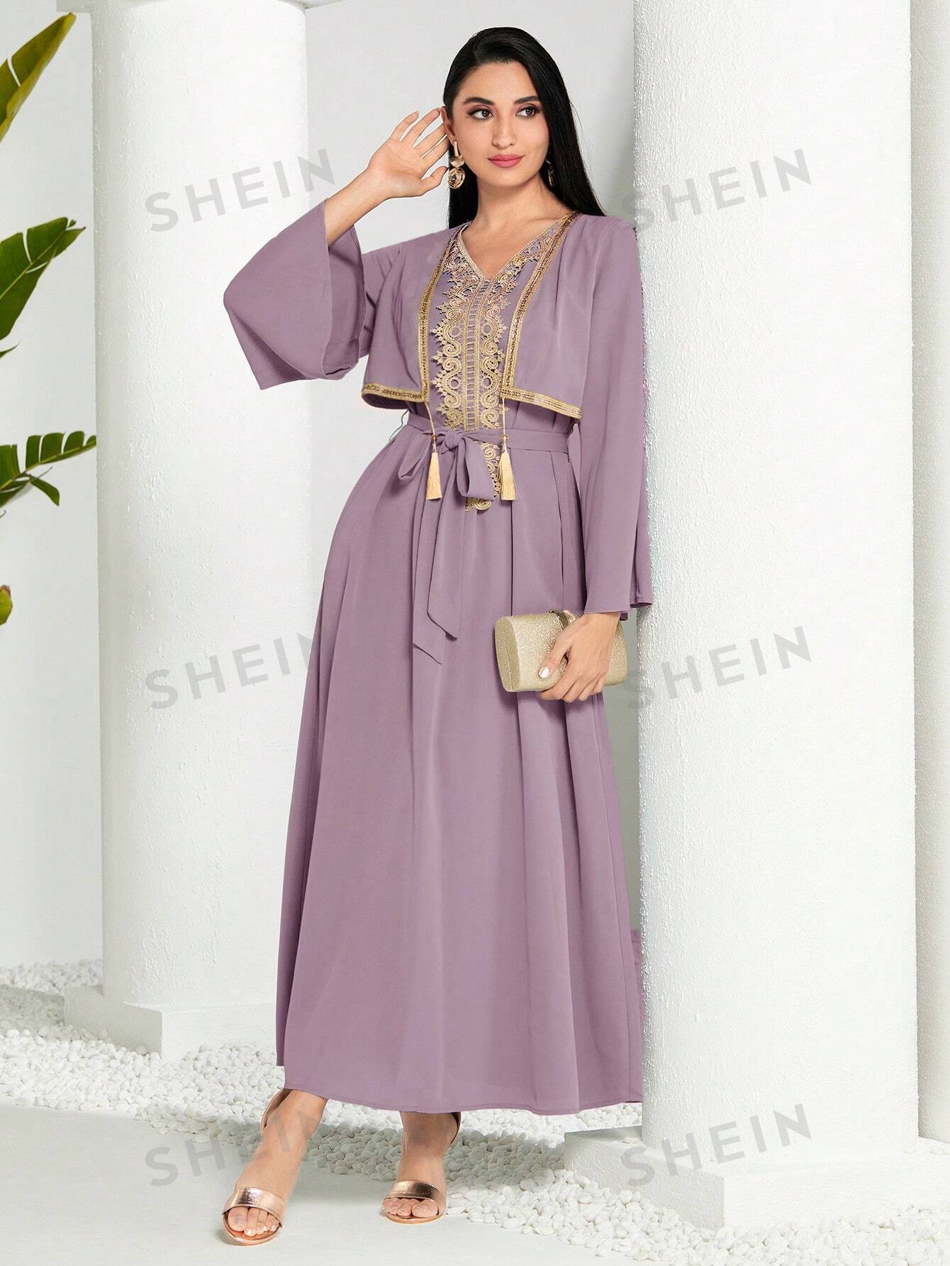 SHEIN Modely женское арабское платье в стиле пэчворк из тканой ленты с бахромой и длинными рукавами, пыльный розовый