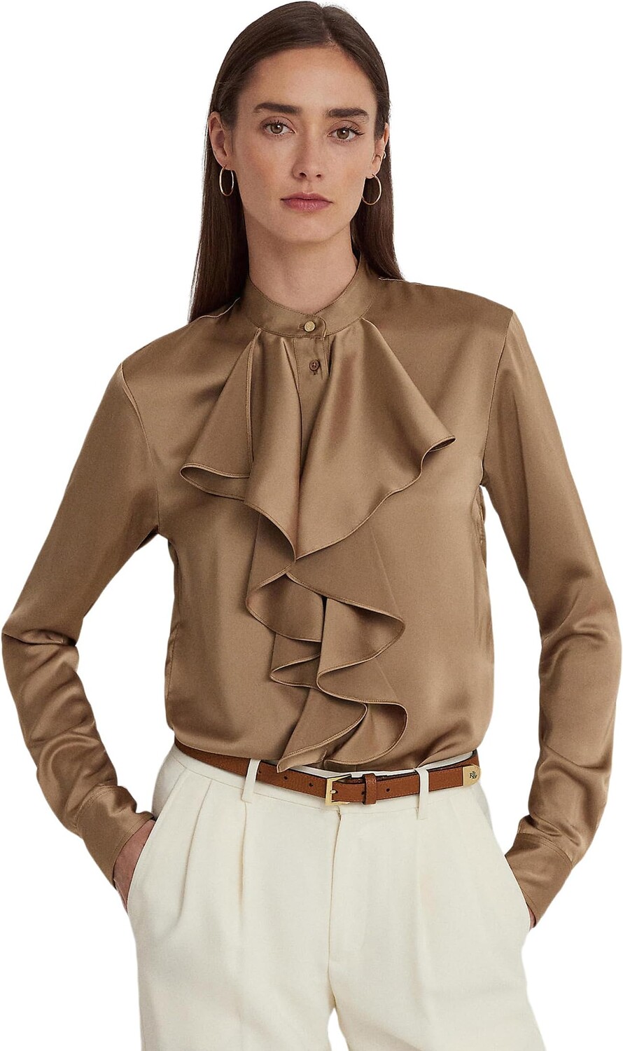 

Рубашка Lauren Ralph Lauren Ruffle-Trim Satin Charmeuse Shirt, цвет Classic Camel