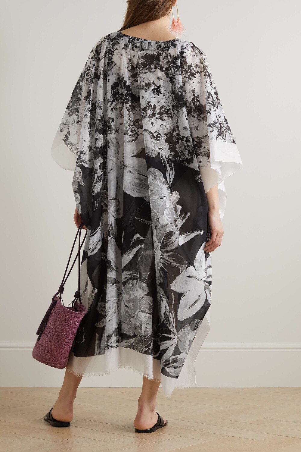 

DRIES VAN NOTEN Кафтан из хлопка и вуали с цветочным принтом и бахромой, черный