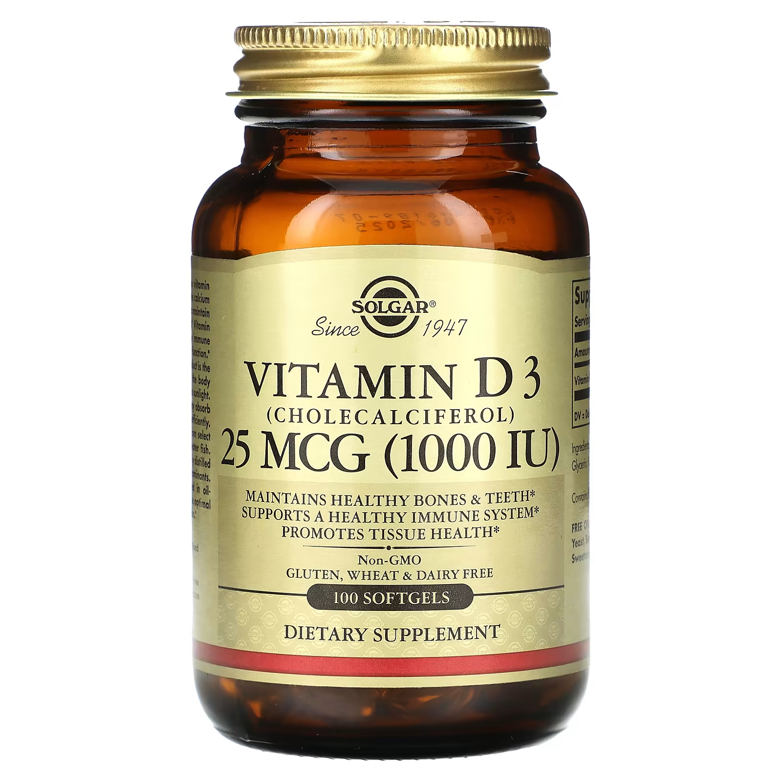 Витамин D3 Solgar 25 мкг холекальциферол, 100 мягких таблеток витамин d3 solgar 125 мкг 100 таблеток