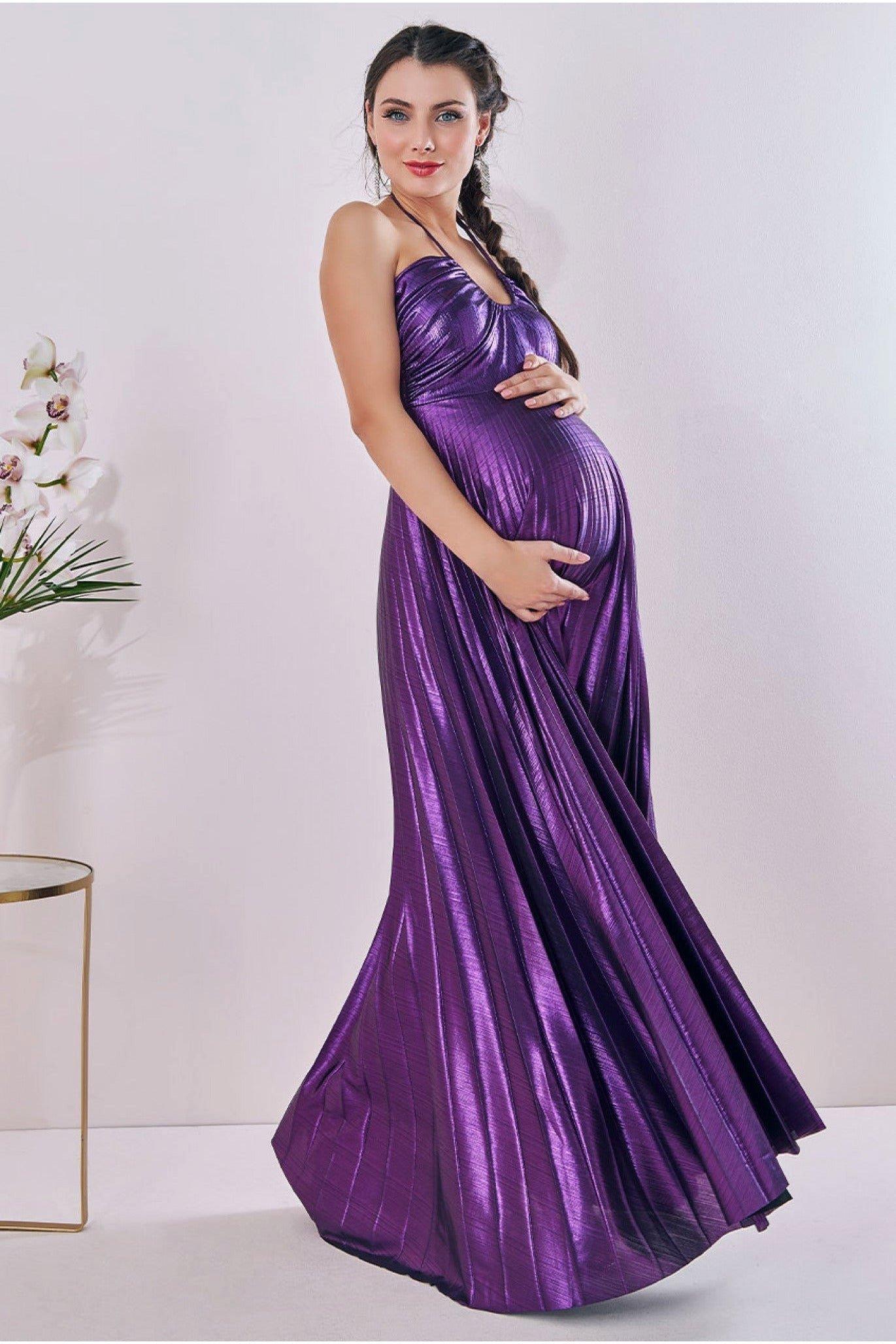 Плиссированное платье из фольги для беременных с завязкой на спине макси Goddiva, фиолетовый платье макси для беременных длинное кружевное белое платье русалка накидка для беременных женщин реквизит для фотосессии