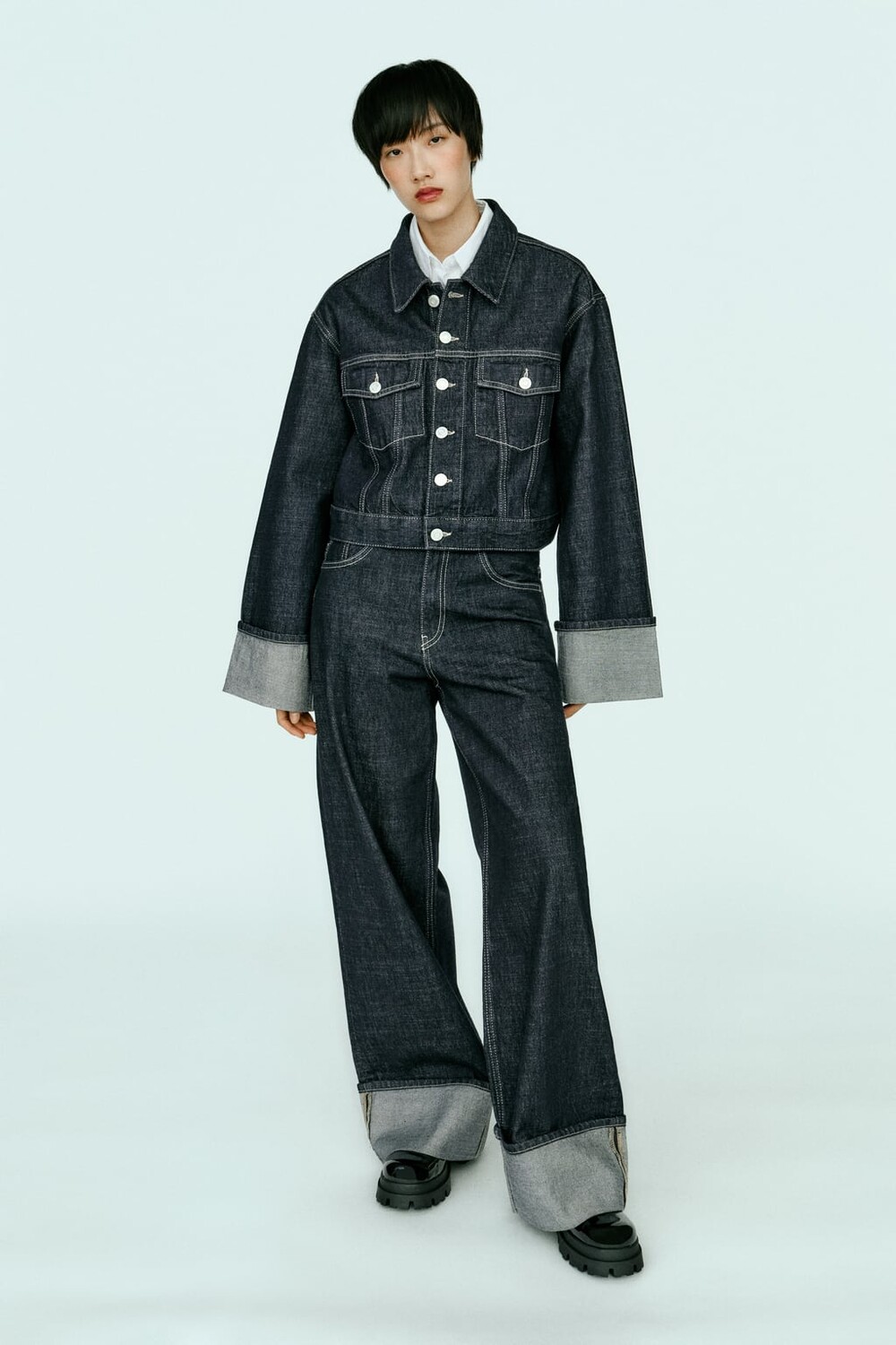 

Джинсовая куртка Trf с отложными рукавами ZARA, индиго