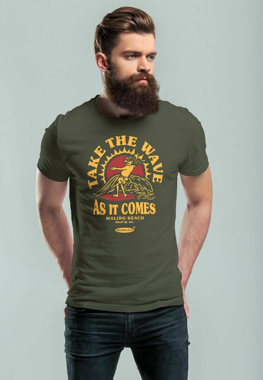 

Футболка с принтом SURFER SPRUCH TAKE THE WELLE SURFING FASHION Neverless, цвет army