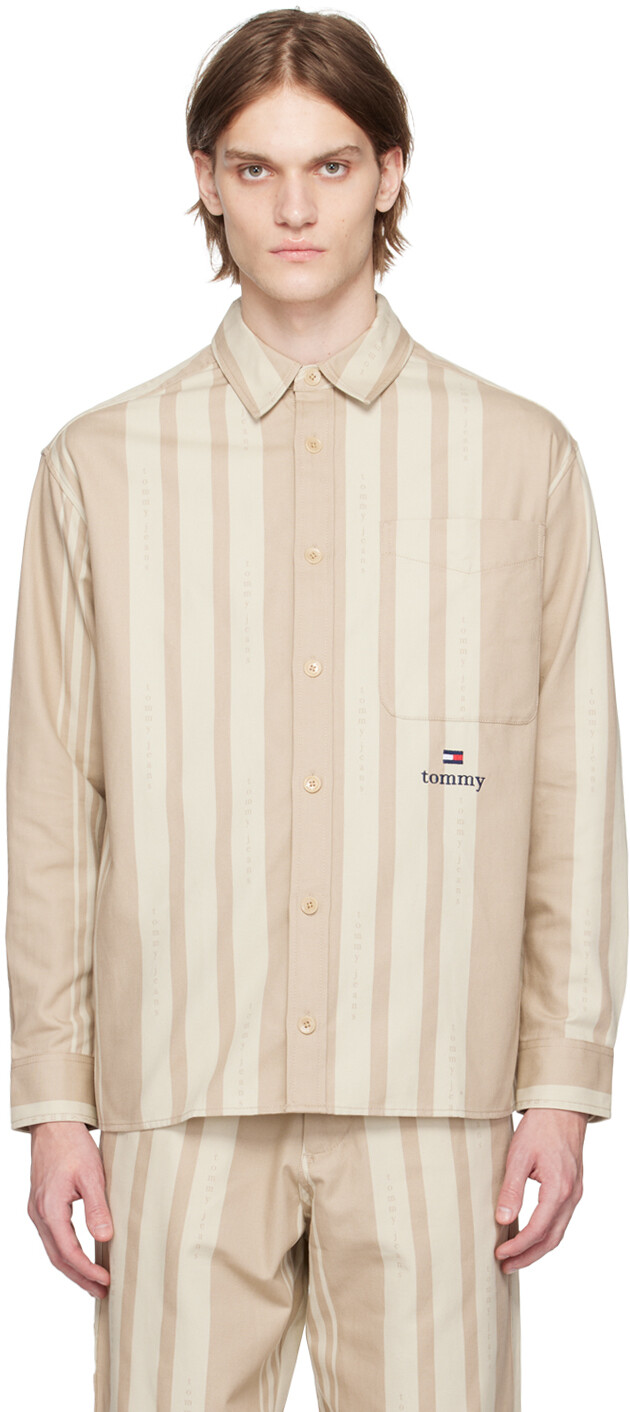 

Бежевая рубашка в полоску с засечками Tommy Jeans