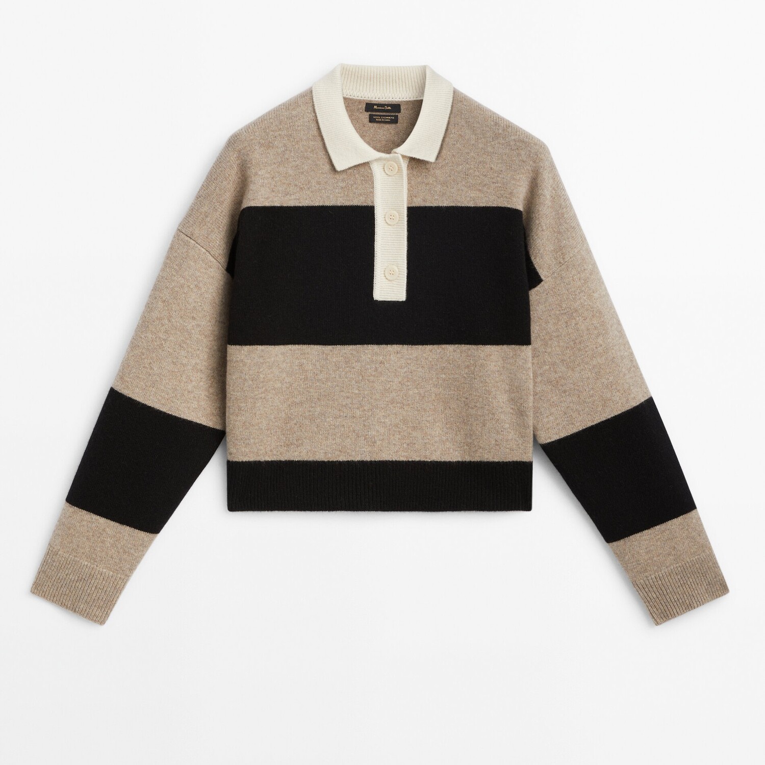 

Джемпер Massimo Dutti Striped Knit With Contrast Polo Collar, бежевый/черный
