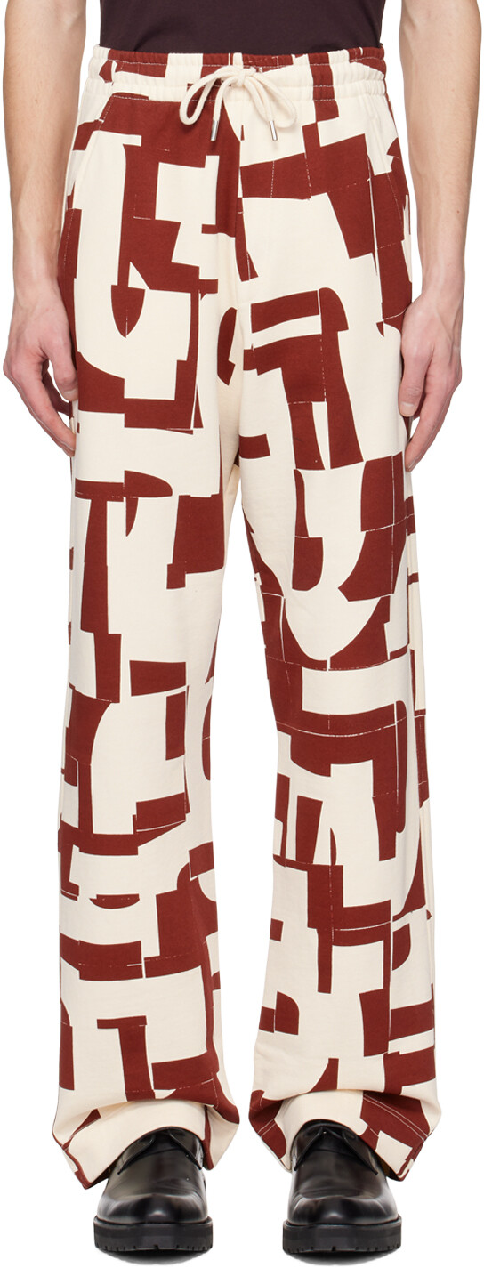 

Бордовые и белые брюки для отдыха с рисунком Dries Van Noten, Белый