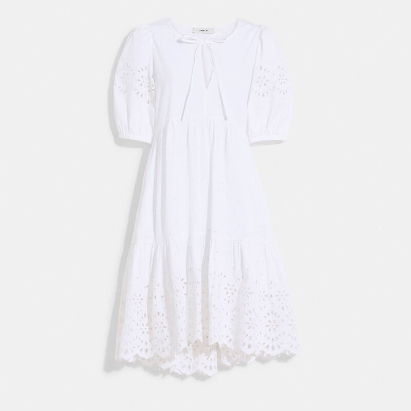 Платье Coach Outlet Broderie Anglaise Puff Sleeve In Organic Cotton, белый - фото