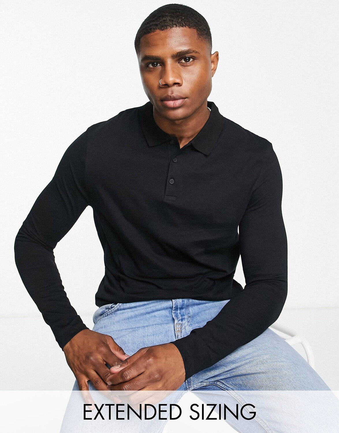 

Черная футболка-поло с длинными рукавами из хлопкового джерси ASOS DESIGN - BLACK