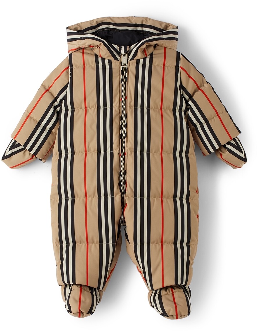 

Бежевый пуховик Baby Beige Icon Stripe Puffer Зимний комбинезон Burberry