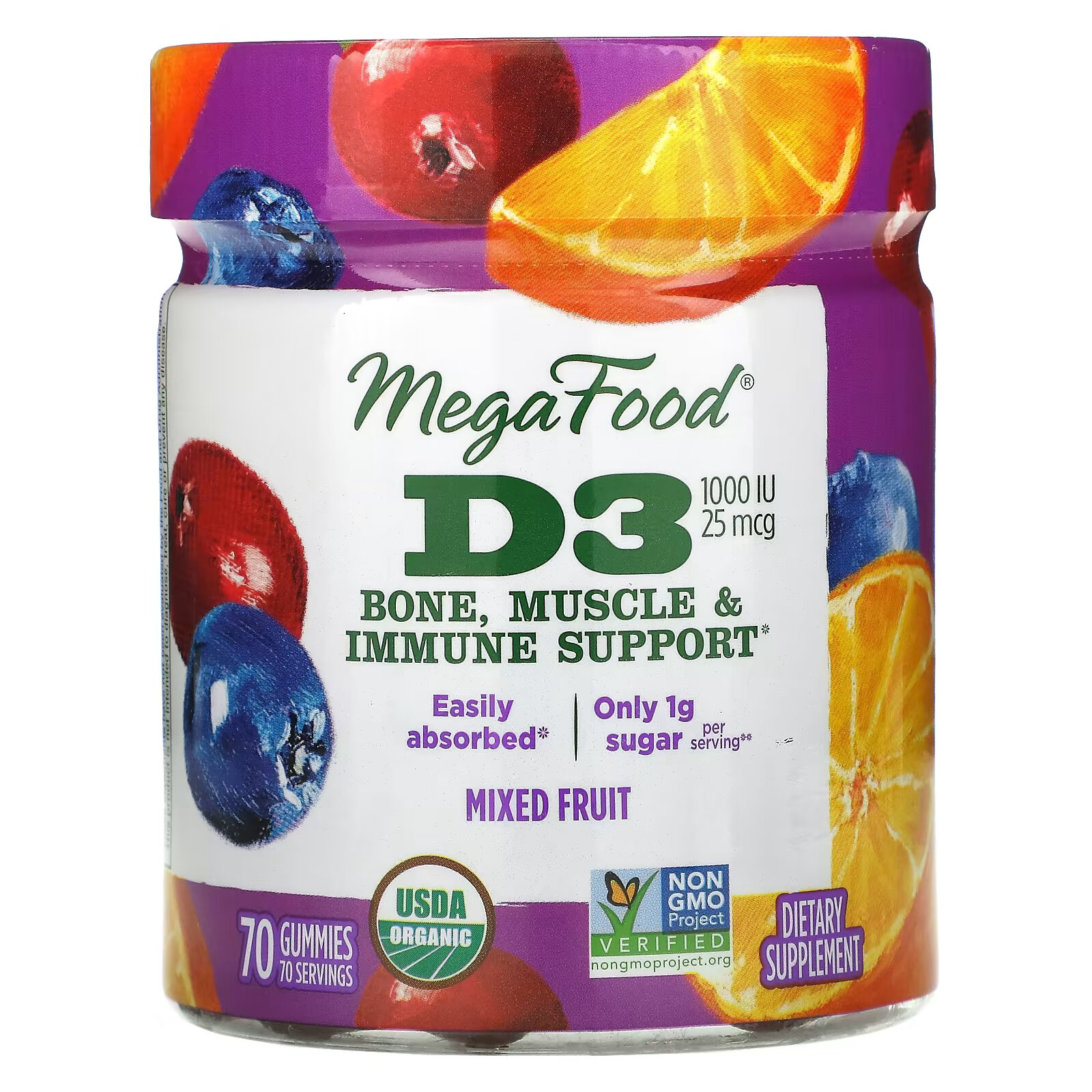 MegaFood, Смесь фруктов с витамином D3, 1000 МЕ (25 мкг), 70 жевательных таблеток megafood c defense насыщенный цитрус 70 жевательных таблеток