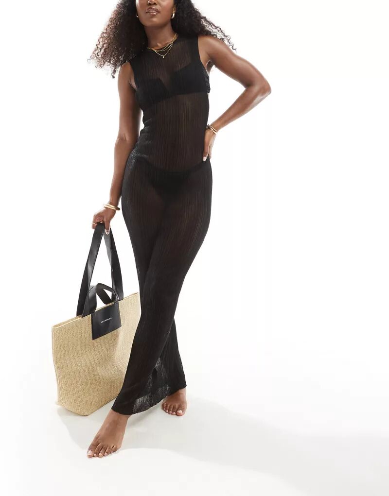 Черное пляжное платье макси тонкой вязки без рукавов ASOS цена и фото