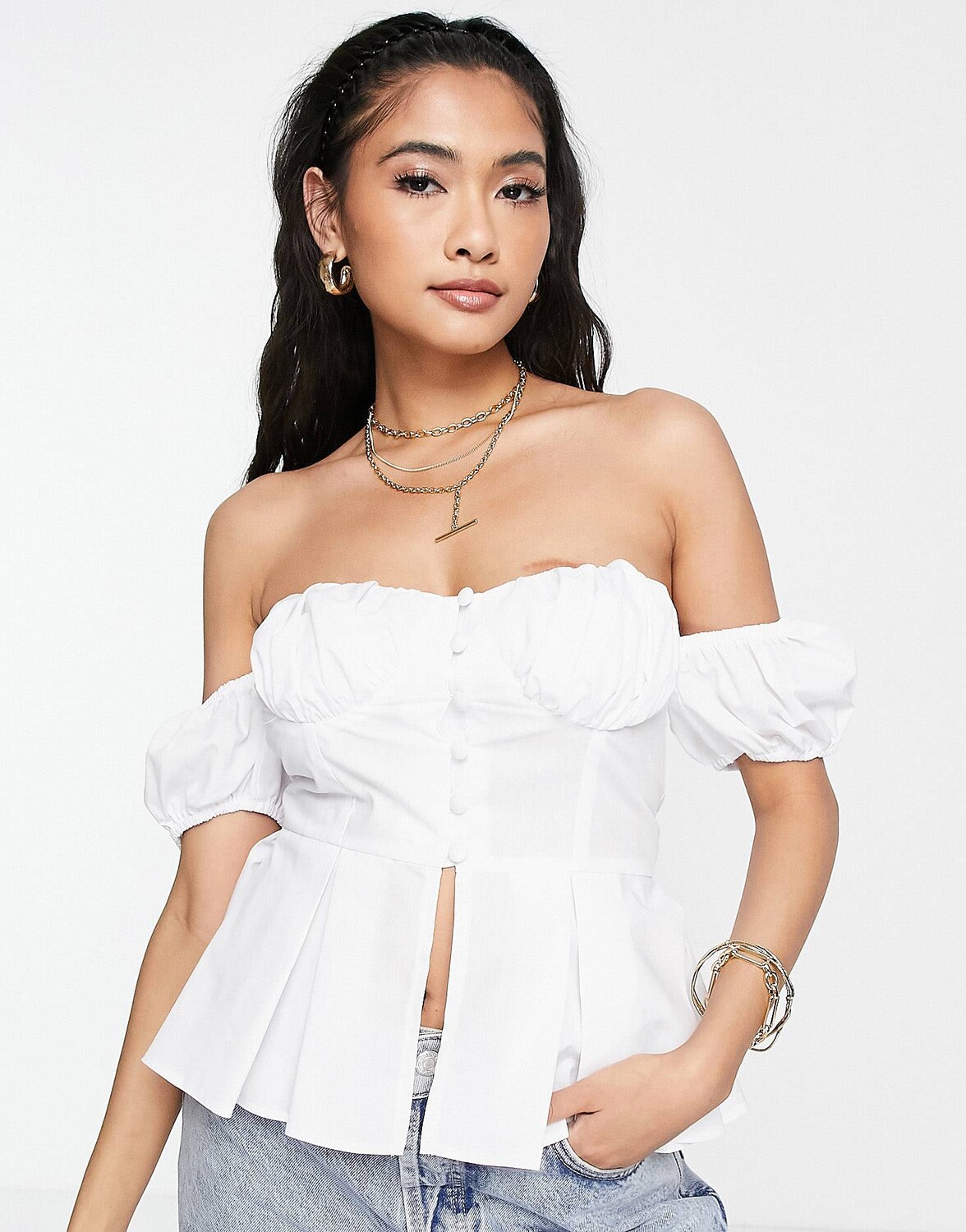 

Белый корсет с открытыми плечами и пышными рукавами ASOS DESIGN