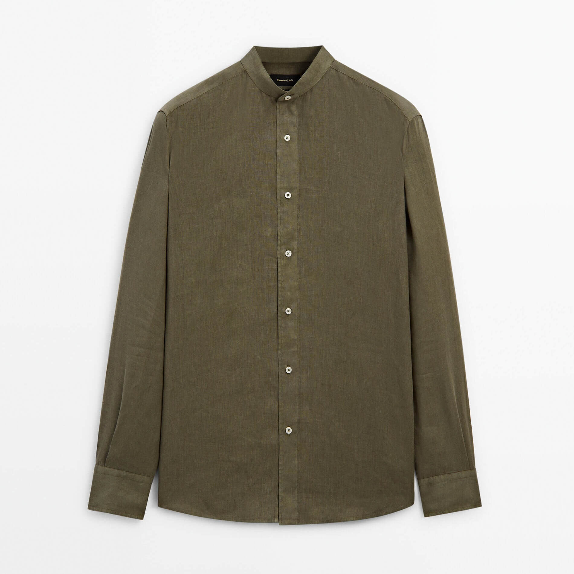 Рубашка Massimo Dutti Regular-Fit Linen With A Stand Collar, зеленый