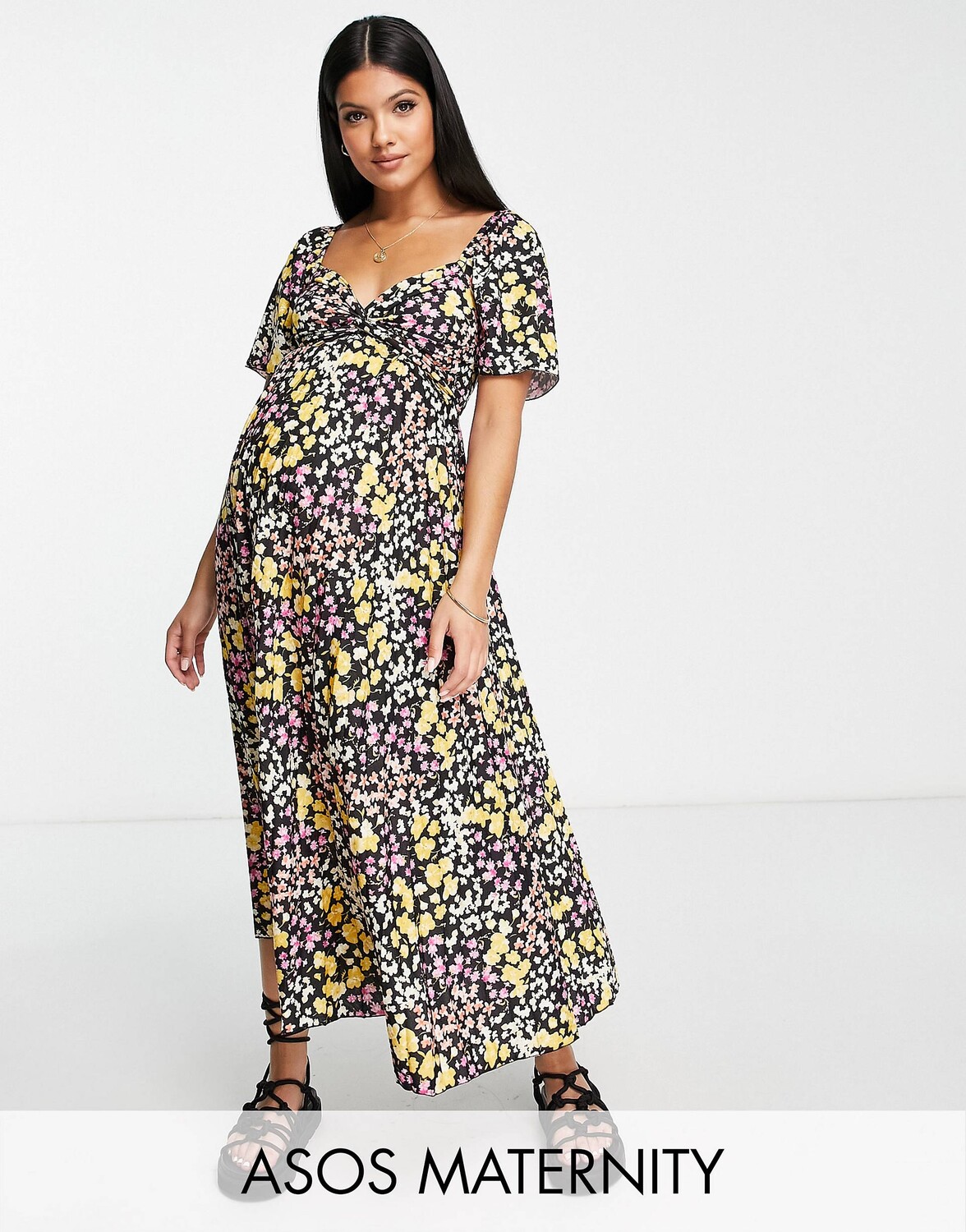 

Черное плиссированное платье миди с узлом и цветочным принтом ASOS DESIGN Maternity