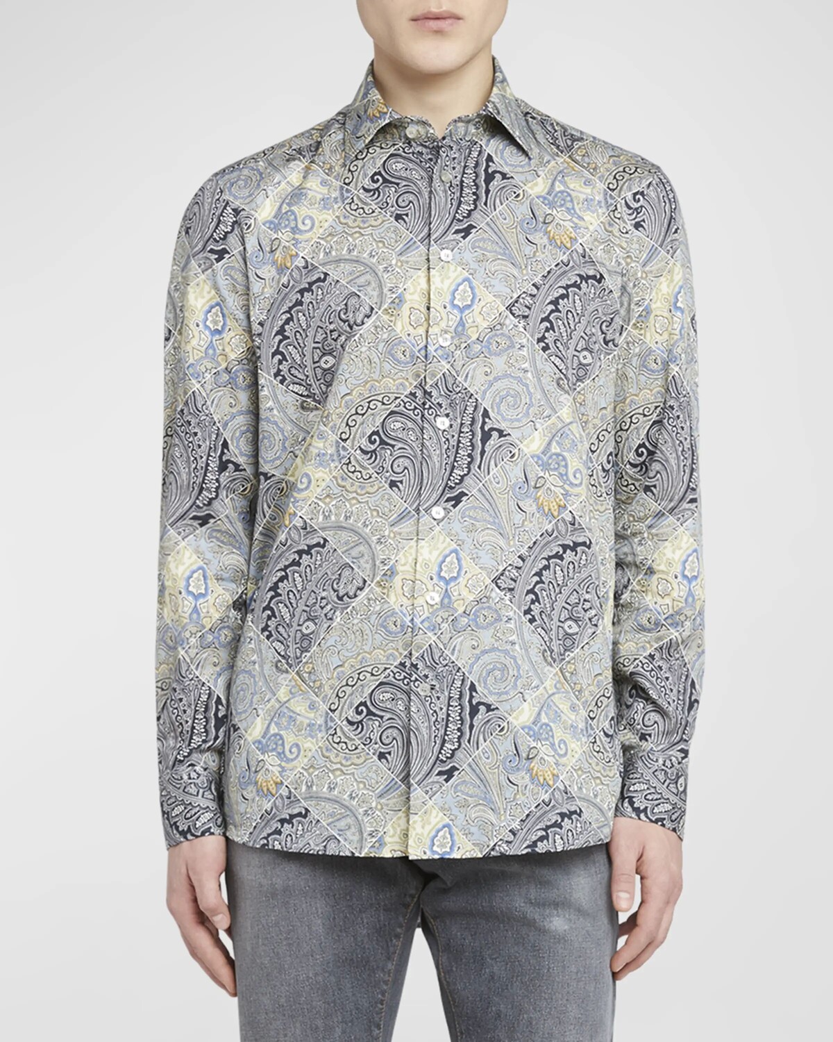 

Мужская классическая рубашка в клетку с принтом пейсли Etro, цвет Print On Blue Base