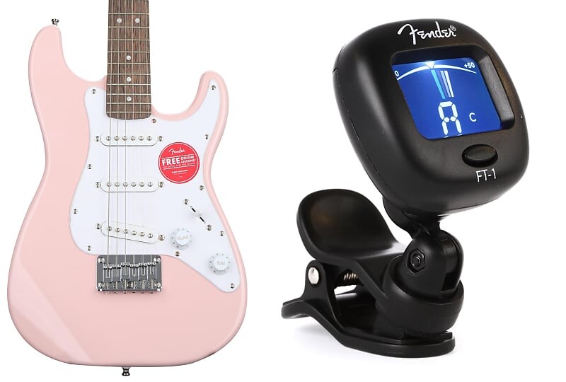 

Squier Mini Strat Electric Guitar - Shell Pink с лавровым грифом в комплекте с Fender FT-1 Pro Chromatic Clip-on Headstock Tuner Squier + Fender 0370121556=1 0239978000=1