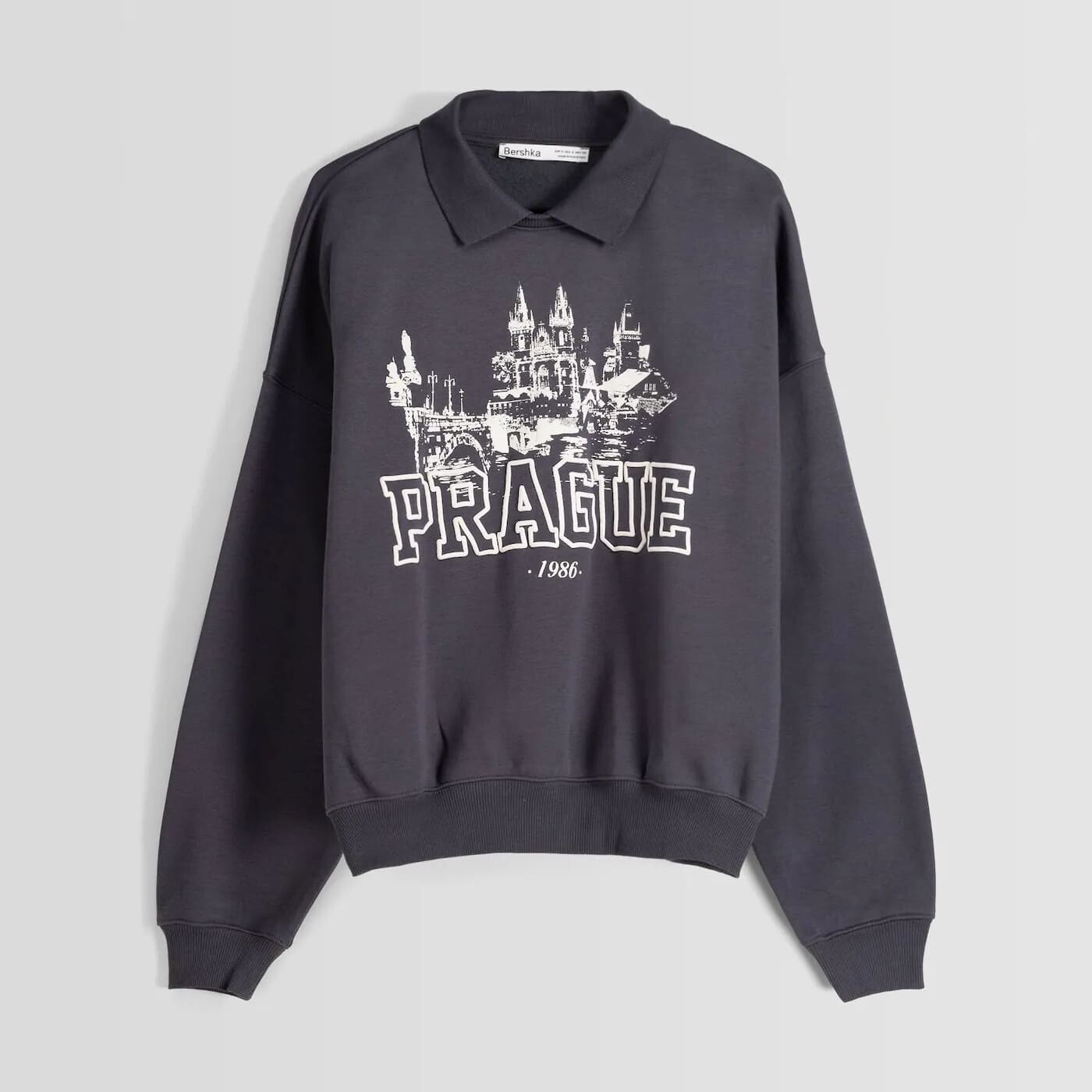

Свитшот Bershka Printed With Polo Collar, темно-серый
