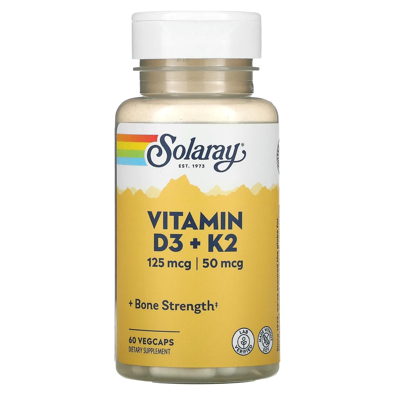 Solaray Витамин D3 + K2 без сои 60 капсул с оболочкой из ингредиентов растительного происхождения solaray экстракт корня крапивы 300 мг 60 капсул с оболочкой из ингредиентов растительного происхождения