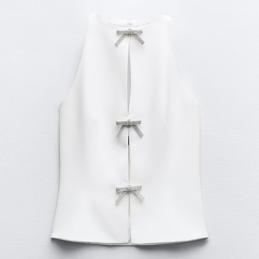 Топ Zara Halter With Rhinestone Bows, белый футболка zara with rhinestone bralette detail белый